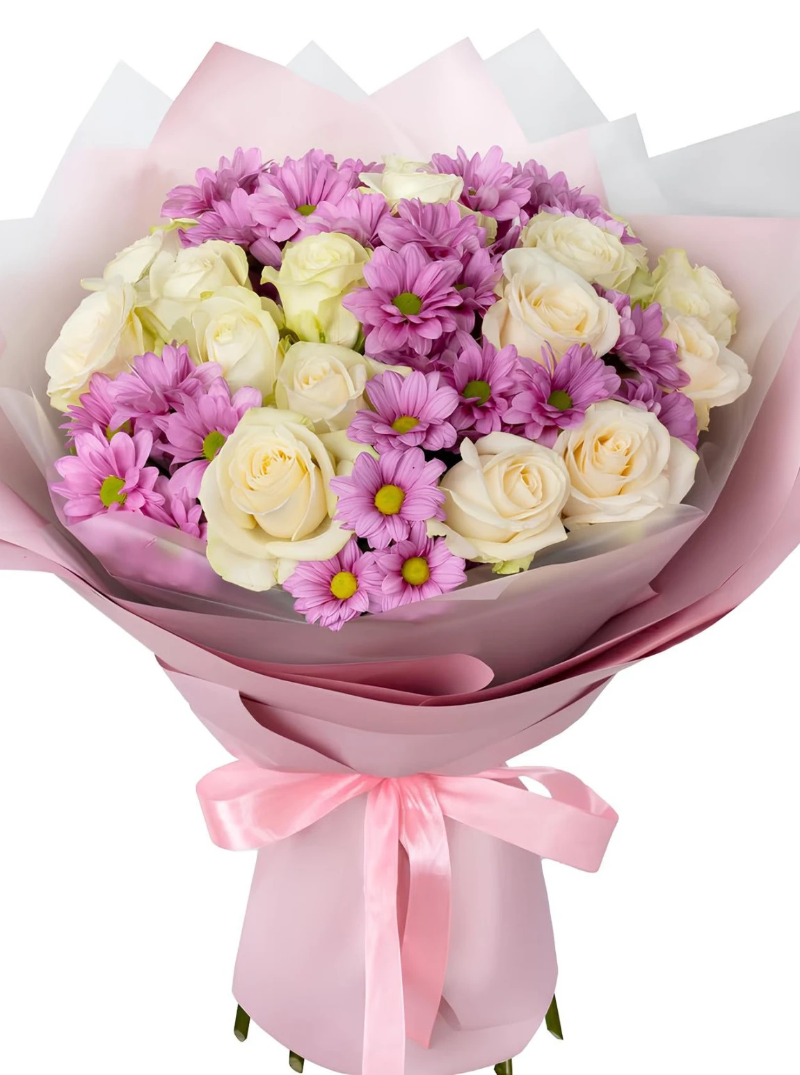 21 Beyaz Gül Ve Mor Papatya Buketi