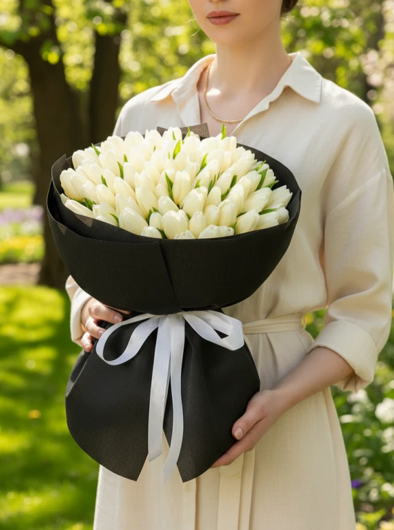 100 Adet Beyaz Lale Buketi