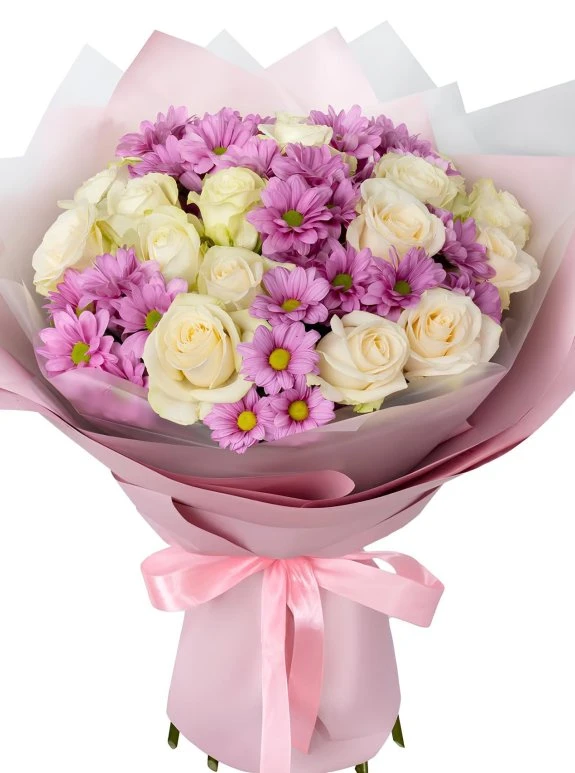 21 Beyaz Gül Ve Mor Papatya Buketi