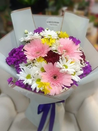 Pembe Gerbera Ve Papatya Buketi